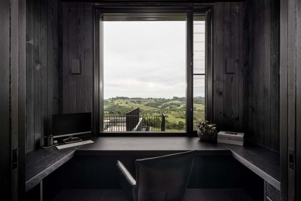 Nox Byron Bay black study interior looking to hinterland view